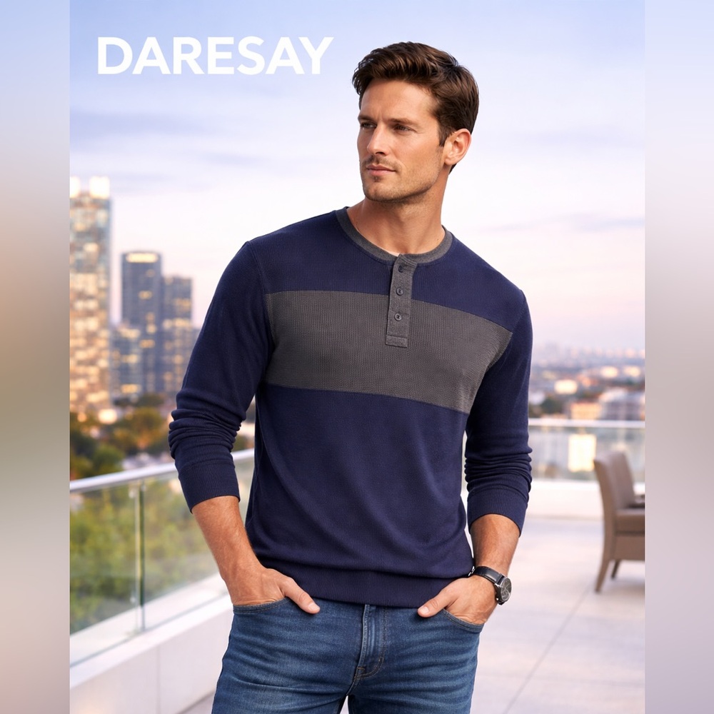 NWT,DARESAY Gray and Blue Henley Stretch Knit Shirt, Back to School,S